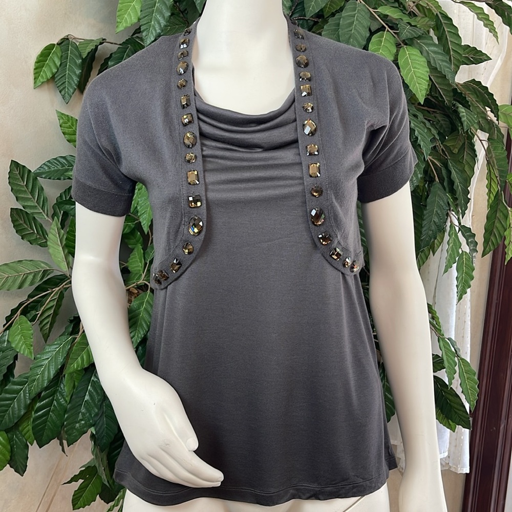 BANANA REPUBLIC DRAPE NECK TOP & EMBELLISHED SHRUG